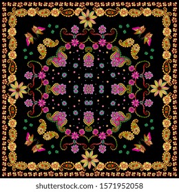 Beautiful bandana print with ornament in ethnic style. Fashionable square scarf with oriental motifs. Cushion, rug, napkin. 