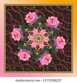 Beautiful bandana print with wreath of pink rose flowers, golden snowflake mandala and decorative frame in vector.