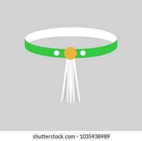 Beautiful bangle with yellow clip colorful card, vector illustration isolated on grey backdrop, two white circles, green stripe, cute female accessory