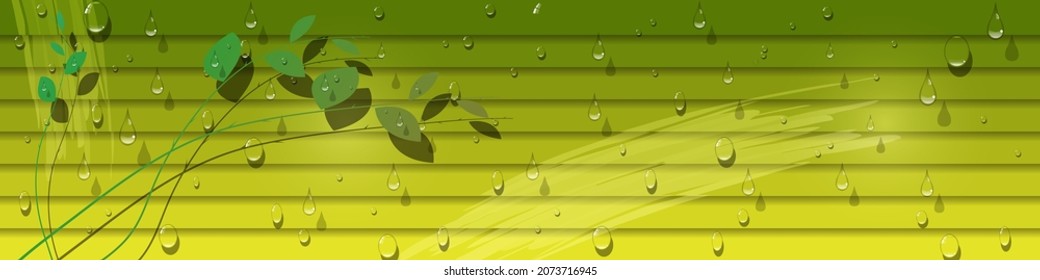 Hermosa pancarta con efecto 3D. Estrellas con hojas sobre un fondo de franjas verdes superpuestas cubiertas con gotas de líquido transparente. Plantilla para los proyectos. Vector. 