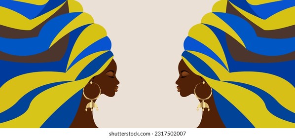 beautiful banner of African women in traditional turban, African head wrap, Traditional black woman vector silhouette fashion hairstyle and beauty concept background