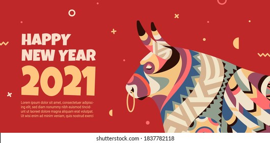 Beautiful banner and bull in the style the tribe   the text the New Year  The banner can be used for advertising  congratulations  discounts  Bull symbol 2021 