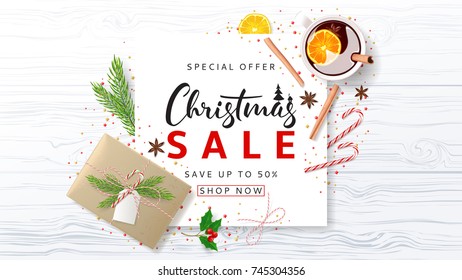 Beautiful banner for Christmas Sale. Festive Composition with Paper Gift Box and Xmas Symbols for Happy New Year on Wooden Texture. Vector Illustration with Promo Discount Offer. Greeting Card.