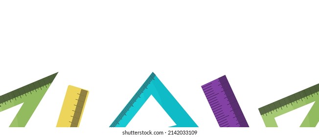 Beautiful banner with colored rulers, triangular straight with divisions. Departments for printing. School and office supplies on an isolated background. Vector illustration in a simple cute style.
