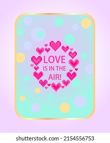 Beautiful banner for Valentine’s day party with wreath with hot pink abstract hearts shape on mint color background foe web design