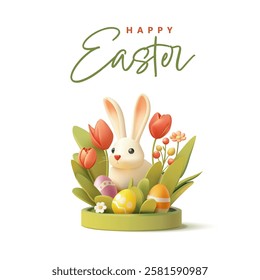 Beautiful banner for Easter greetings. 3D bunny, flowers, podium. For advertising on social networks pand romotional products. Icon. Vector illustration.