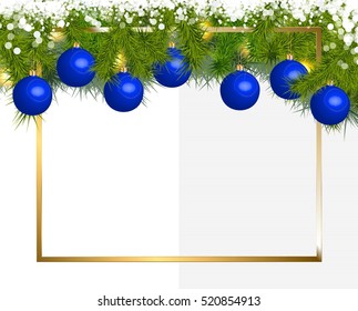 Beautiful banner of fir branches and Christmas balls on white background. Framed with a Golden frame Vector illustration.