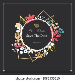 Beautiful banner with flowers and gold geometric elements. Frame templates. Vector illustration.