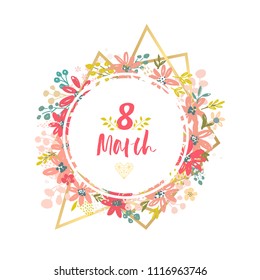 Beautiful banner with flowers and gold geometric elements. Frame templates. Vector illustration. 8 march.