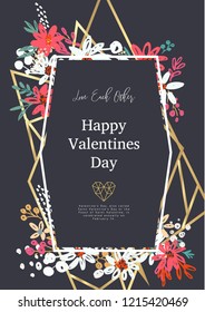 Beautiful banner with flowers and gold geometric elements. Frame templates. Vector illustration.