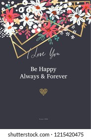Beautiful banner with flowers and gold geometric elements. Frame templates. Vector illustration.
