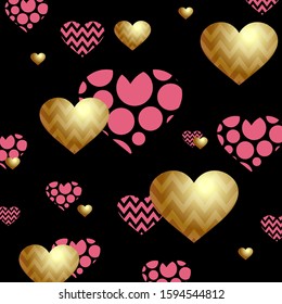 Beautiful banner with gold and pink hearts on a black background. Valentines Day. Vector 