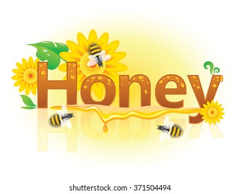Beautiful banner Honey with yellow flowers, bees and honey drops