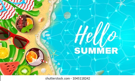 Beautiful banner with inscription Hello Summer. Top view on Summer decoration with realistic objects on beach. Vector illustration. Concept of seasonal vacation in tropical country.