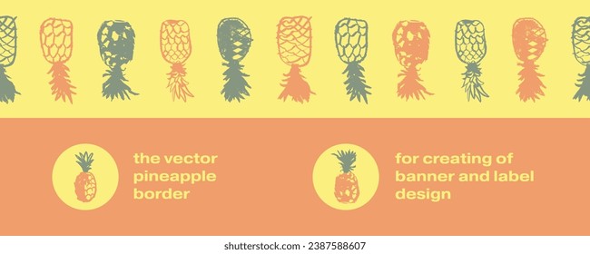 Beautiful banner and label template with pineapple border. Vector pineapples seamless pattern. Crayon pineapple drawings in naive hand-drawn style. Tropical frame with ananas borderline.