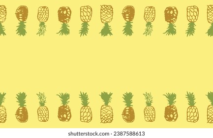 Beautiful banner and label template with pineapple border. Vector pineapples seamless pattern. Crayon pineapple drawings in naive hand-drawn style. Tropical frame with ananas borderline.