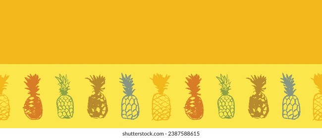 Schöne Banner- und Etikettenvorlage mit Ananas-Rand. Ananas mit Vektorgrafik: nahtloses Muster. Ananas-Zeichnungen von Crayon im naiven handgezeichneten Stil. Tropischer Rahmen mit Ananas-Grenze.