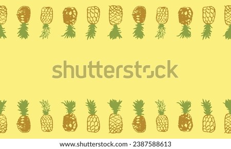 Beautiful banner and label template with pineapple border. Vector pineapples seamless pattern. Crayon pineapple drawings in naive hand-drawn style. Tropical frame with ananas borderline.