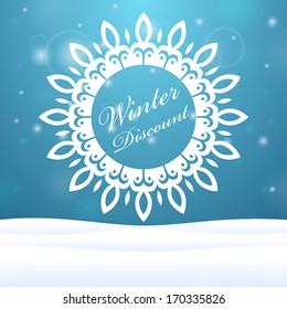 Beautiful banner on winter discounts in the form of snowflakes outdoors