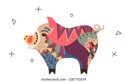 A beautiful banner with a pig in the tribal style. New Year's Proville of an animal