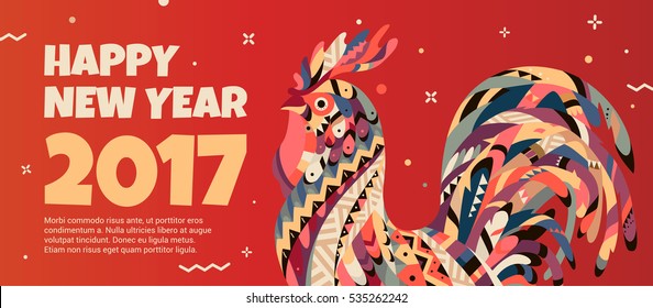 Beautiful banner with a rooster in the style of the tribe and the text of the new year. Banner can be used for advertising, greetings, discounts. Rooster symbol 2017.