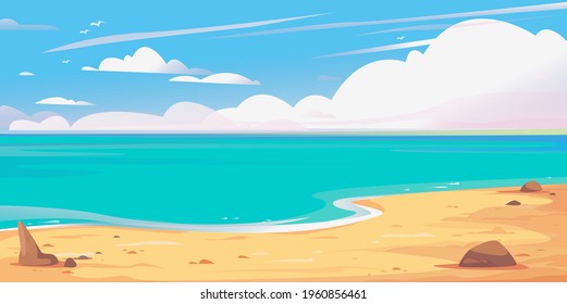 Beautiful banner Sea and sky, clouds, sandy shore. maldives clipart. Background for cruise, travel, summer marine print. Pacific Ocean. Vector illustration eps10 art