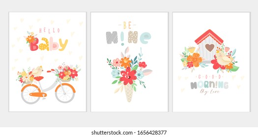 Beautiful banners with flowers in child style. Vector card illustration. Modern templates.