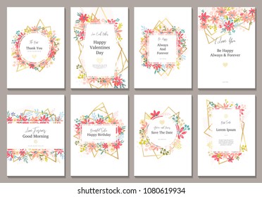 Beautiful banners with flowers and gold geometric elements. Frame templates. Vector illustration. Design for wedding, discount, ?dvertising, jewelry and etc.