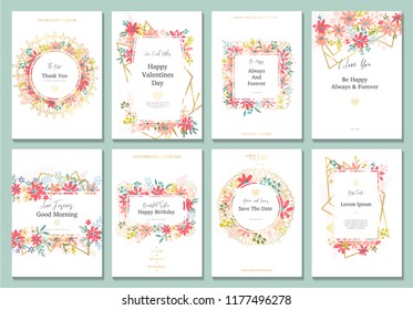 Beautiful banners with flowers and gold geometric elements. Frame templates. Vector illustration. Design for wedding, discount, advertising, jewelry and etc.