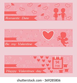 Beautiful banners with red bows, cupid, present, hearts,  and copy space. Valentine's day. Weeding greeting cards .Vector illustration