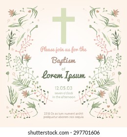 Beautiful Baptism invitation card with floral hand drawn watercolor elements. Cute and romantic vintage style. Vector image in light  pink and green colors.