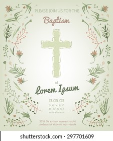 Beautiful Baptism invitation card with floral hand drawn watercolor elements. Cute and romantic vintage style. Vector image in light  pink and green colors.