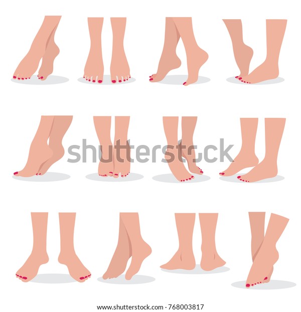Beautiful bare woman feet and legs isolated.\
Female body parts attractive beauty vector set. Female foot bare,\
beauty woman leg\
illustration