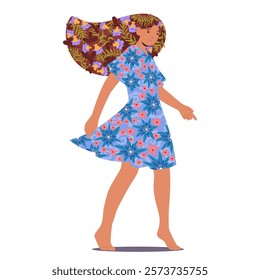 Beautiful barefoot woman cartoon character with flowers bloom in hair wearing summer dress decorated floral print isolated on white background. Female natural beauty and style vector illustration