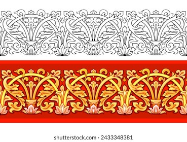Beautiful baroque border decoration. Seamless pattern ornament. Color and black and white template set. Print for fabric, embroidery, carpet, wallpaper. Classic French decor. Flat vector illustration