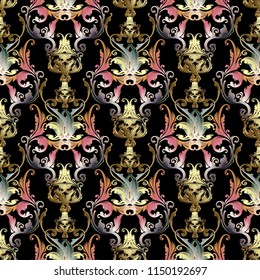 Beautiful Baroque Damask 3d vector seamless pattern. Floral background wallpaper fabric with elegance flowers, scroll swirl leaves, antique ornaments in Baroque Victorian style. Luxury royalty design.