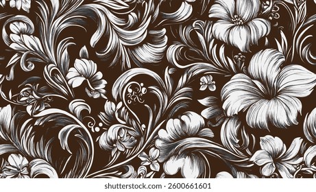 Beautiful Baroque damask seamless pattern. Black white floral background wallpaper fabric with elegance flowers, scroll swirl leaves, antique ornaments in Baroque style. Luxury isolated design.