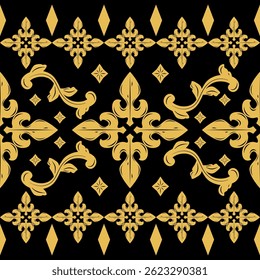 Beautiful Baroque Pattern with Gold Scroll Ornament on Black Background. Luxury Detailed Cross Florals and Wines Nature Inspired for Fabrics Decoration Lace Embroidery Carpet Curtain Attire Motif Silk