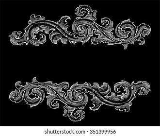 Beautiful Baroque style white decorative calligraphy floral vector ornament on black. Vintage logo title