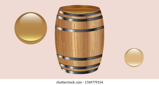 Beautiful barrel with a hoop, decorative drops - illustration, vector. Banner.