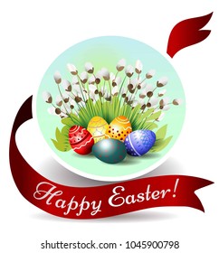 Beautiful basket with Easter eggs on the grass. Vector illustration. Beautiful lettering Happy Easter