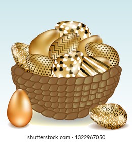 Beautiful basket with easter golden eggs, easter holiday concept
