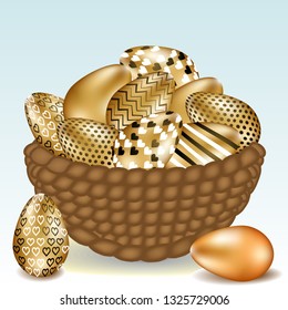 Beautiful basket with easter golden eggs, easter holiday concept