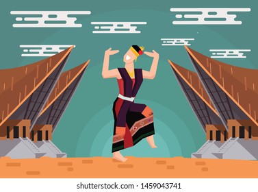 Beautiful batak woman wearing traditional dress perform traditional dance called "tari tor-tor" from tapanuli north sumatra indonesia vector illustration flat design character, ancient indonesia