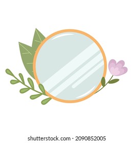 A beautiful bathroom mirror decorated with flowers and leaves. Mirror in a wooden frame close-up. Icon in flat style. Isolated vector illustrations. Minimalism. Delicate pastel colors.