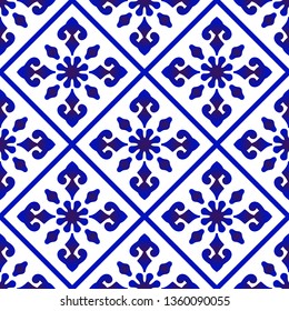 Beautiful batik patterns Malaysia and India style, porcelain indigo seamless modern background, blue and white wallpaper ceramic decor vector illustration