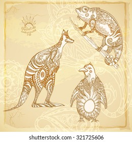 Beautiful Batik vector background of patterned animals. Set of decorative kangaroo,penguin, chameleon.