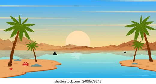 Beautiful beach area with sunset view, flat background