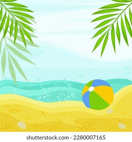 Beautiful beach background. Shore, ocean, palm trees. A striped ball is lying on the shore. Vector template