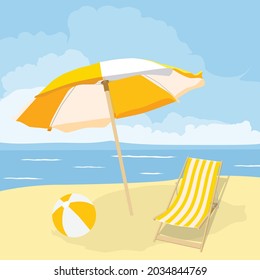 Beautiful beach. Chair with umbrella and ball on the sandy beach near the sea. Summer holiday and vacation concept for tourism. Inspirational tropical landscape. Vector